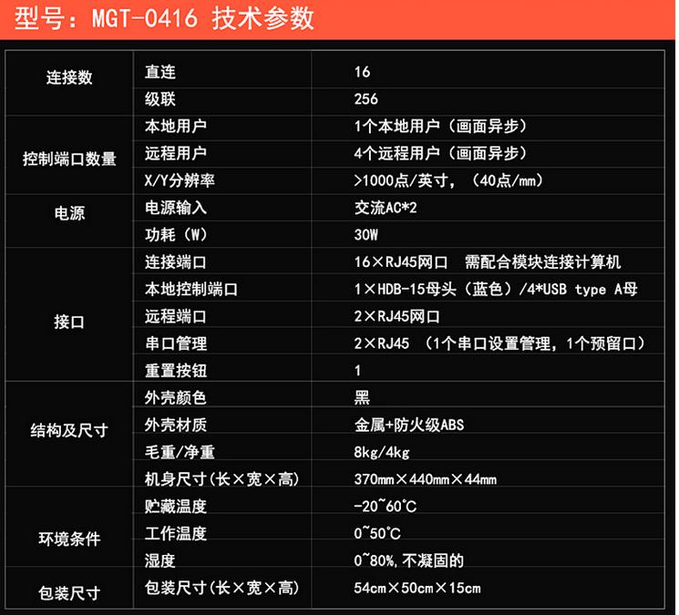 MGT-0416一本地4遠程16口矩陣式kvm交換機技術參數