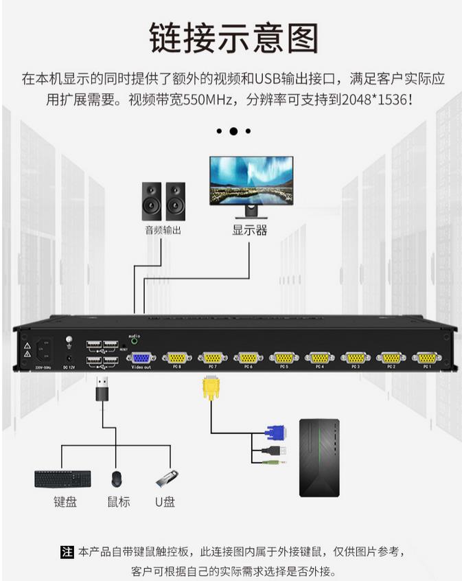 8進1出VGA切換器八進一出kvm切換器解決方案連接示意圖